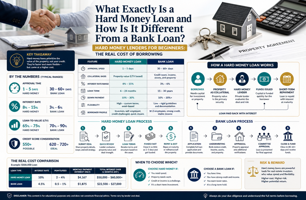 Professional infographic for article "Hard Money Lenders for Beginners: The Real Cost of Borrowing", section: "What Exactly