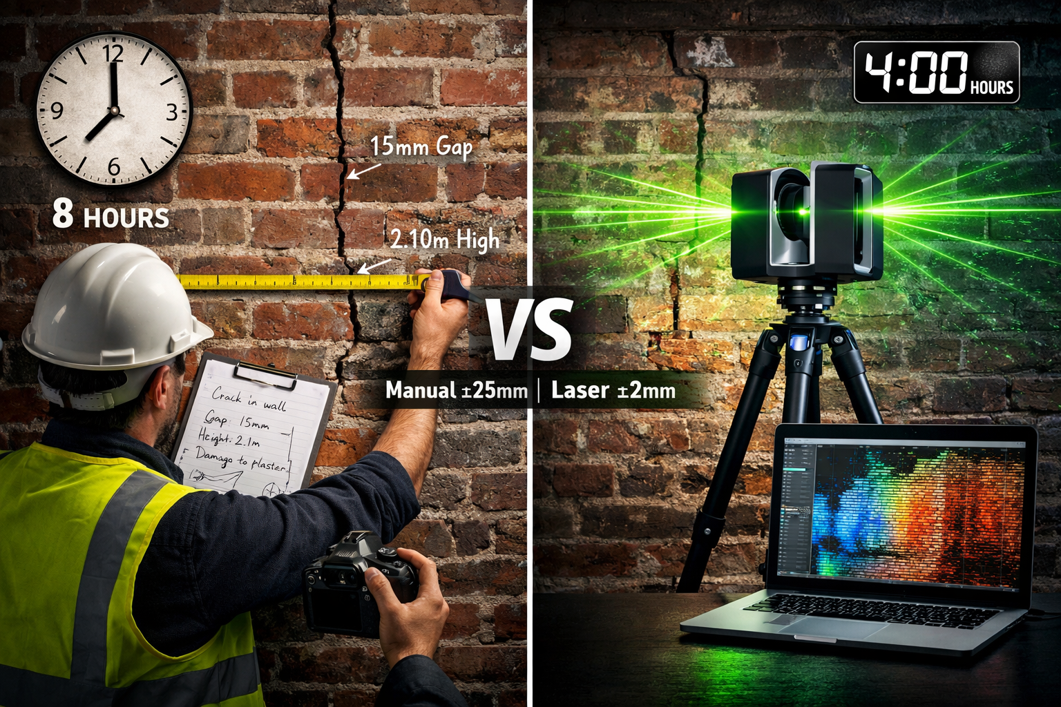 Detailed () split-screen comparison showing traditional party wall documentation versus modern 3D laser scanning approach.