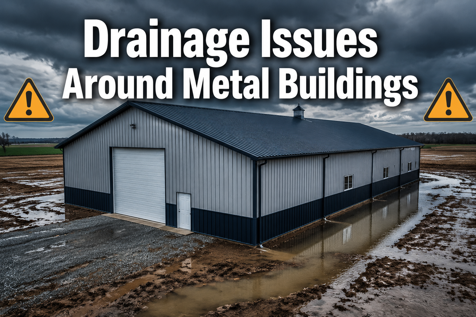 Professional () hero image with : 'Drainage Issues Around Metal Buildings' in extra large white with dark drop , centered in