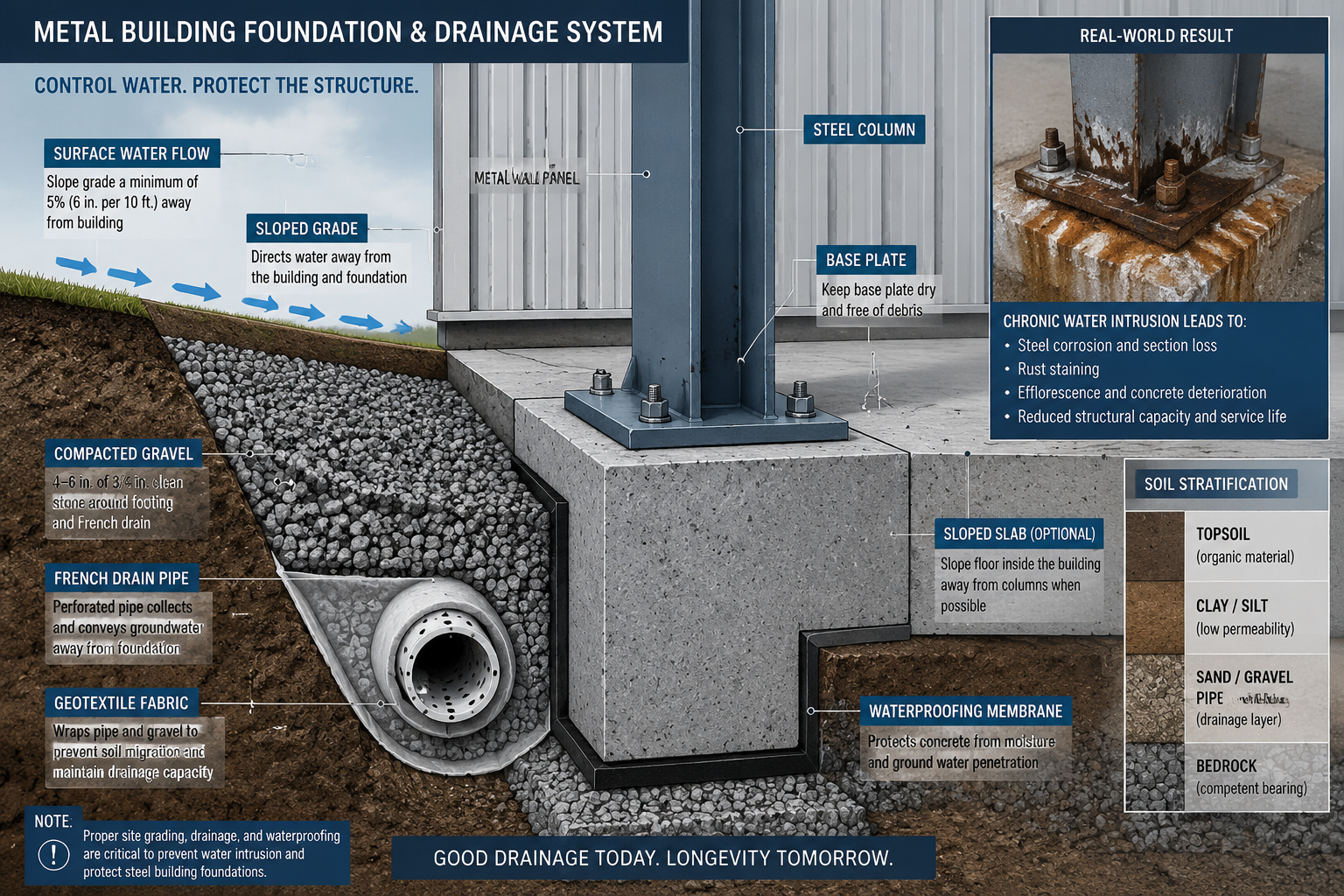 Detailed () technical illustration showing a cross-section cutaway diagram of a metal building foundation with labeled