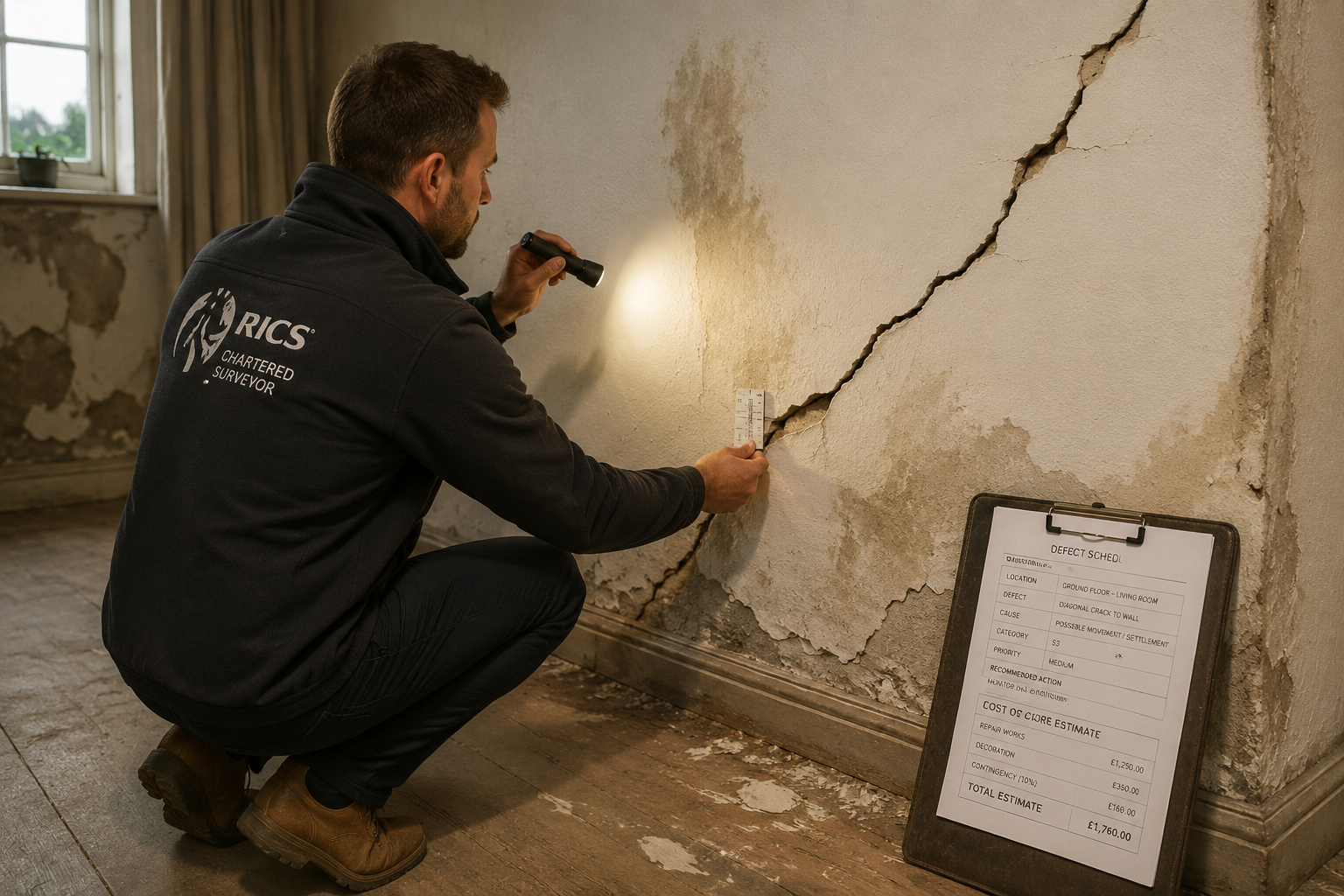 Wide-angle interior shot of a professional RICS chartered surveyor crouching to inspect a large diagonal crack in a rendered