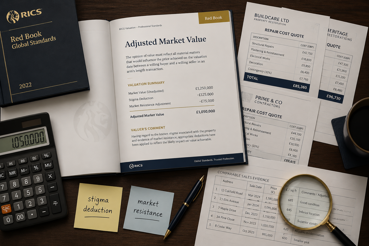 Flat-lay overhead composition showing a wooden desk with a formal RICS Red Book valuation report open to a page titled