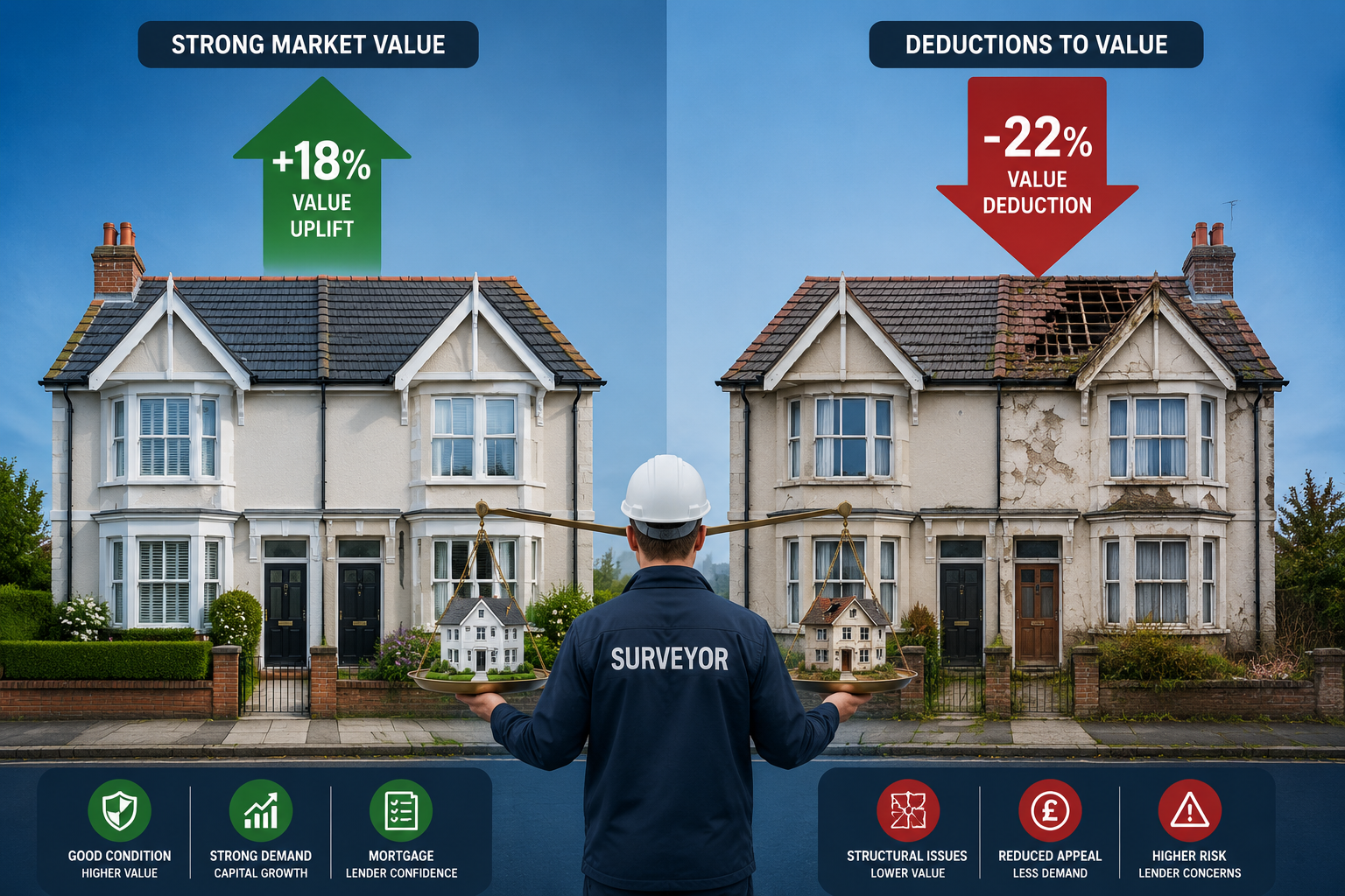 Split-panel infographic-style image showing two identical semi-detached houses side by side: the left house is pristine with