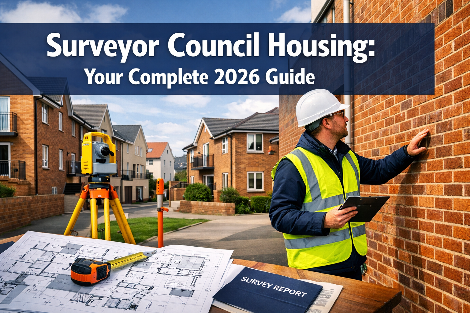 Professional landscape hero image (1536x1024) featuring bold text overlay 'Surveyor Council Housing: Your Complete 2026 Guide' in extra larg