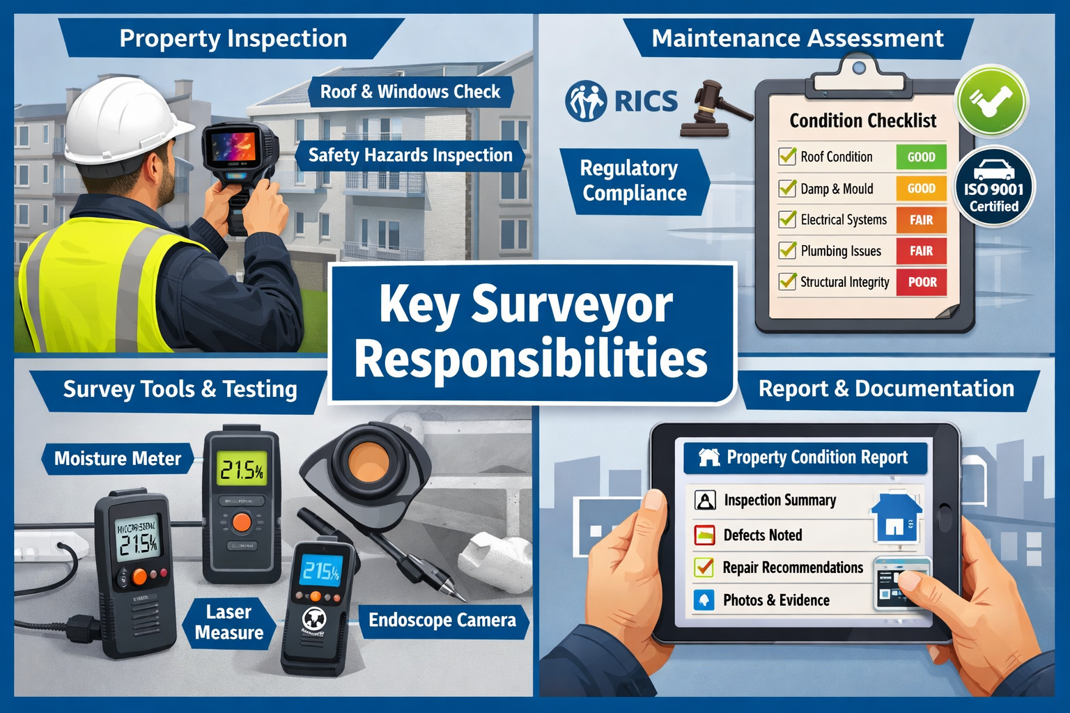 Detailed landscape infographic (1536x1024) showing the comprehensive role of council housing surveyors with four quadrant layout: top-left s