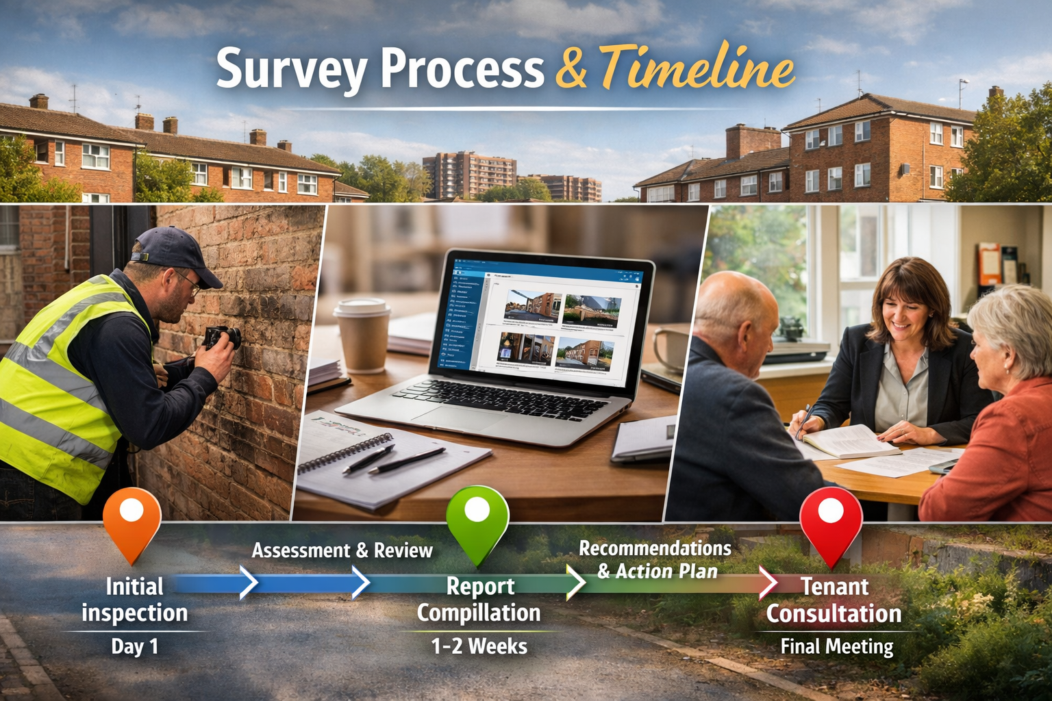 Professional landscape photograph (1536x1024) depicting council housing survey process timeline from start to finish. Left side shows initia