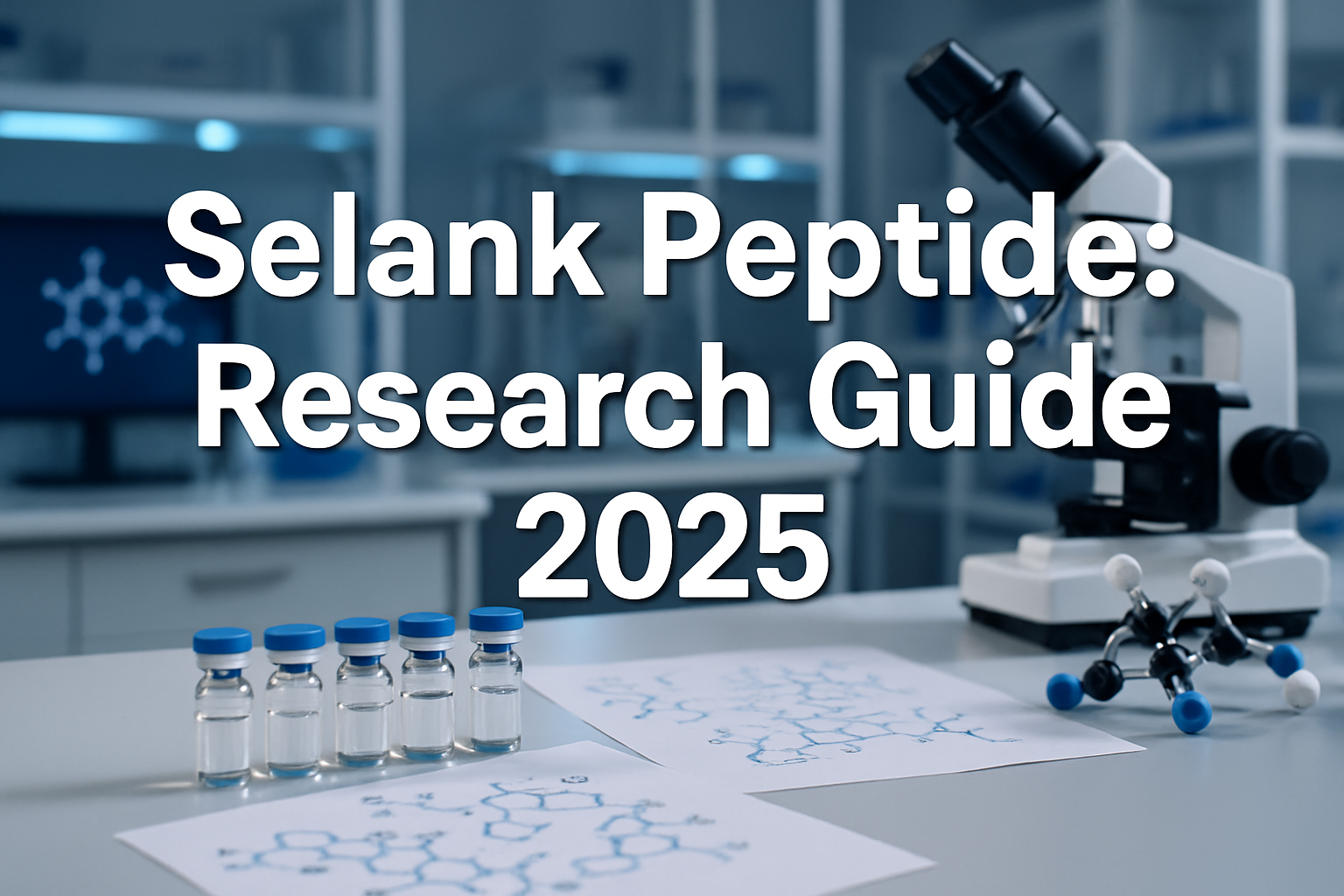 Professional landscape laboratory image (1536x1024) featuring bold text overlay 'Selank Peptide: Research Guide 2025' in extra large 72pt wh