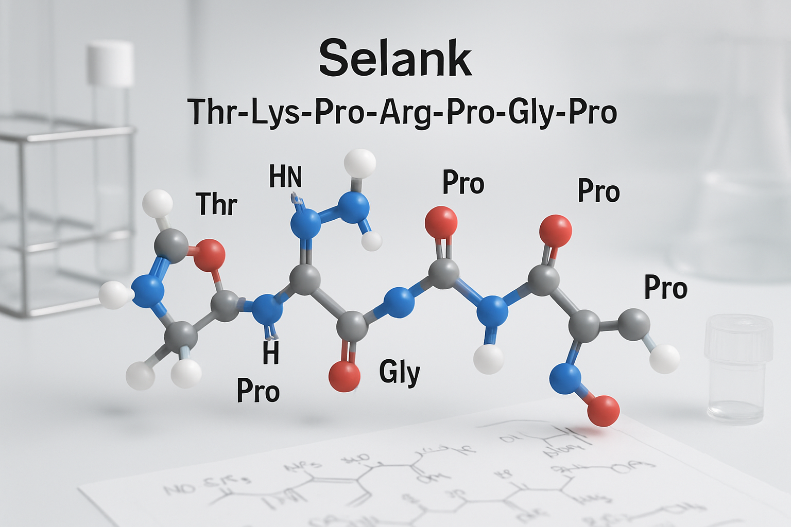 Scientific molecular structure visualization showing Selank peptide's heptapeptide sequence Thr-Lys-Pro-Arg-Pro-Gly-Pro in 3D rendered forma