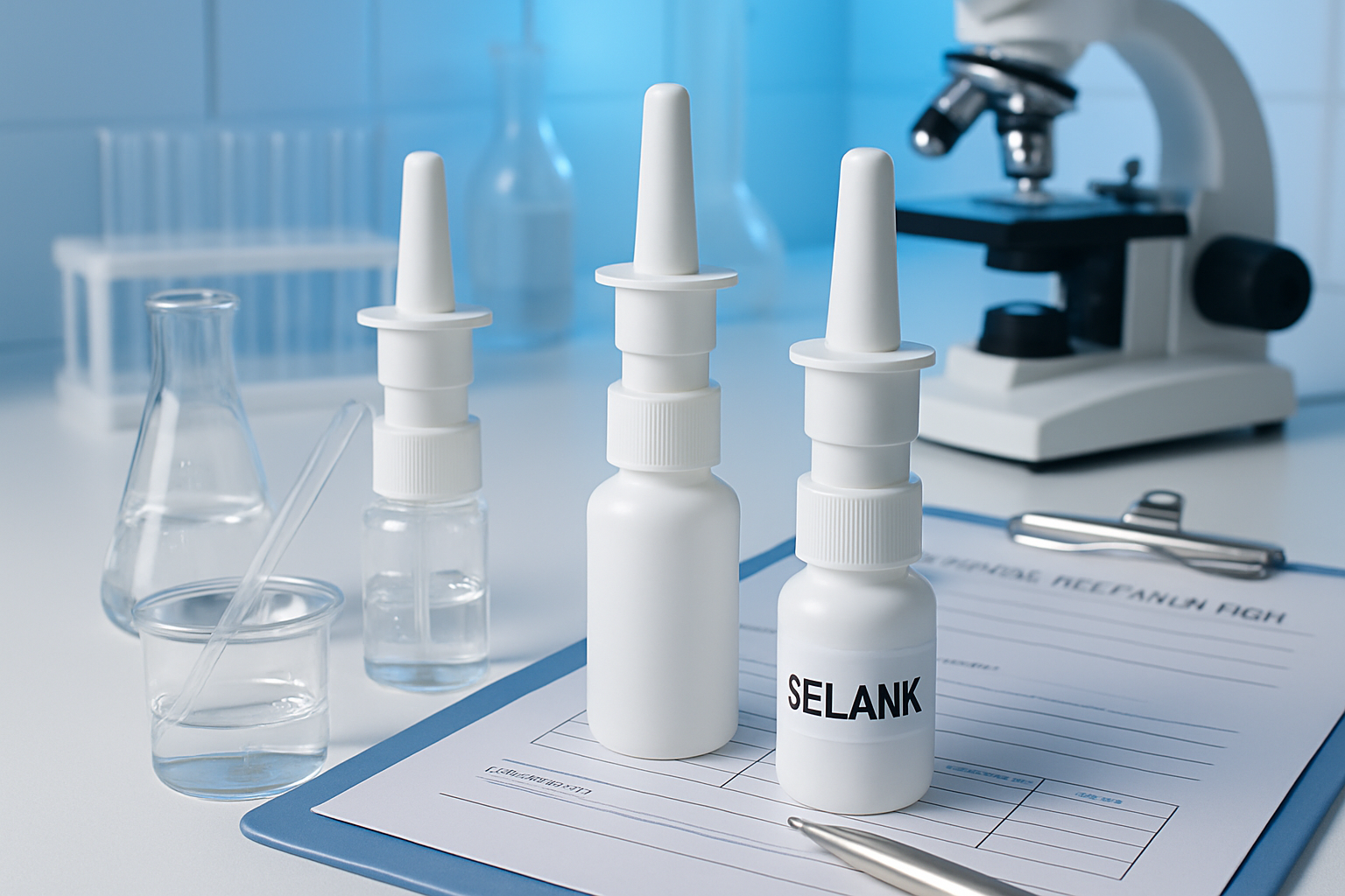 Research laboratory scene showing intranasal administration methods for Selank peptide with nasal spray devices, dosage measurement tools, c