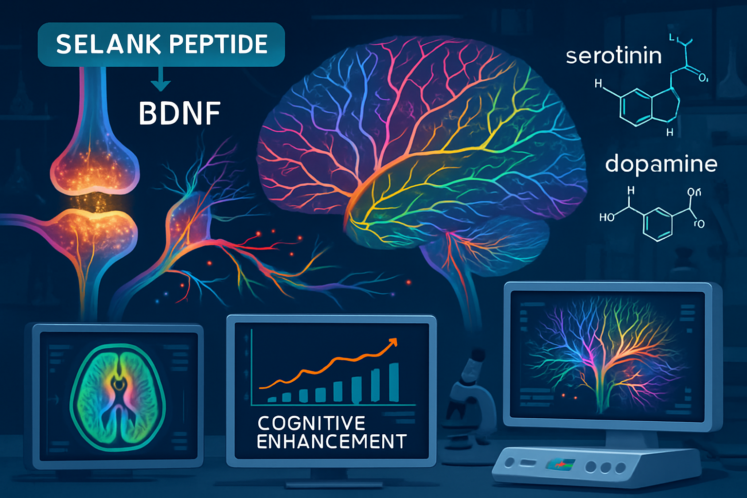 Neuroscience research visualization displaying brain-derived neurotrophic factor (BDNF) pathways affected by Selank peptide, colorful neural