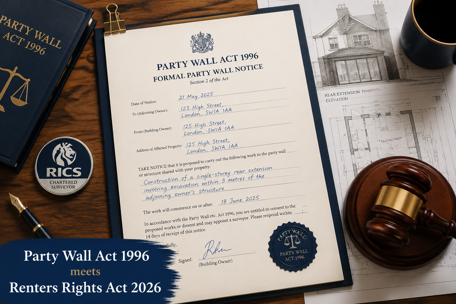 Detailed () showing a formal party wall notice document on a wooden desk beside architectural blueprints of a rear house