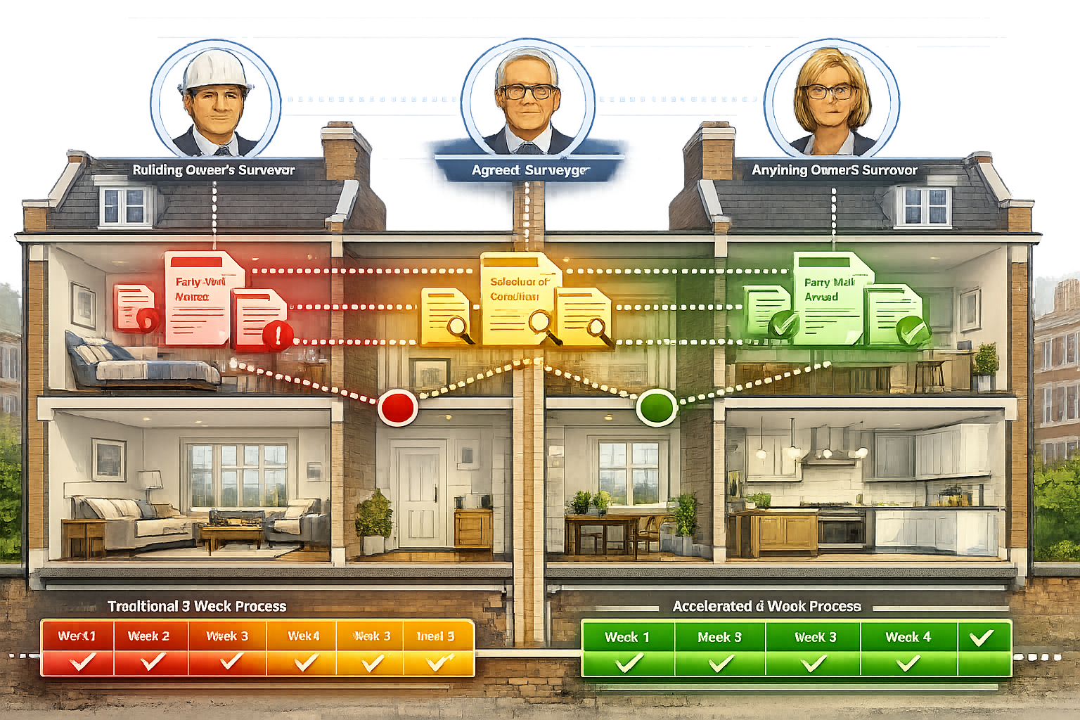 Detailed () illustration showing cross-section view of two adjacent London townhouses with shared party wall in center,