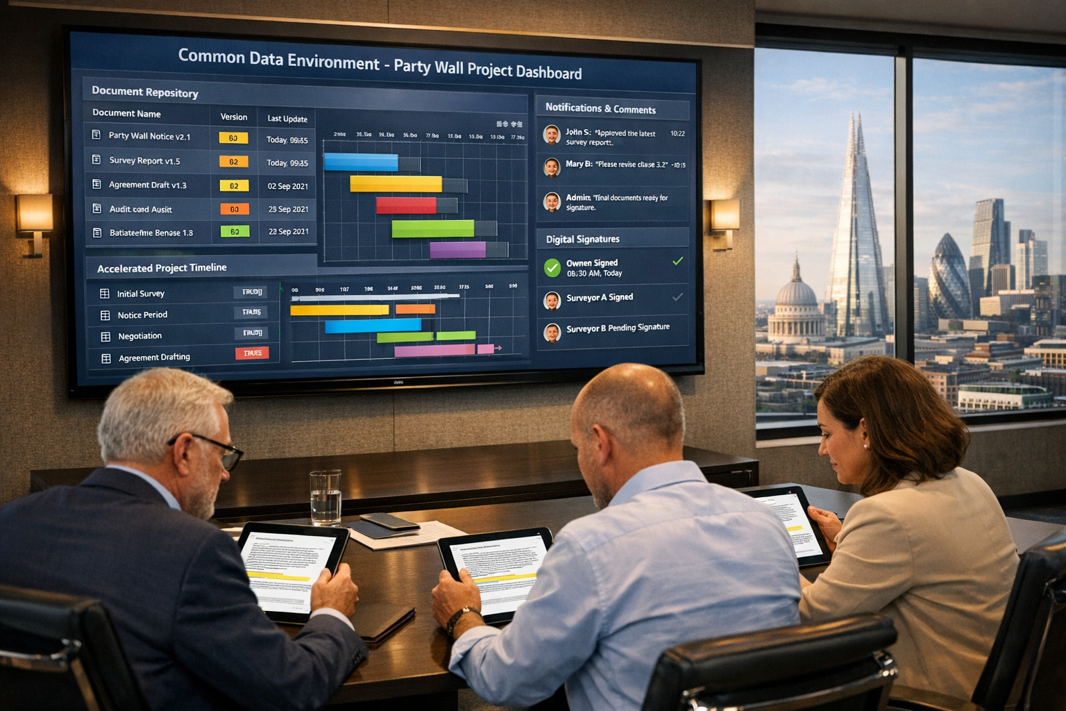 Wide () photograph of professional meeting room with large wall-mounted screen displaying Common Data Environment dashboard
