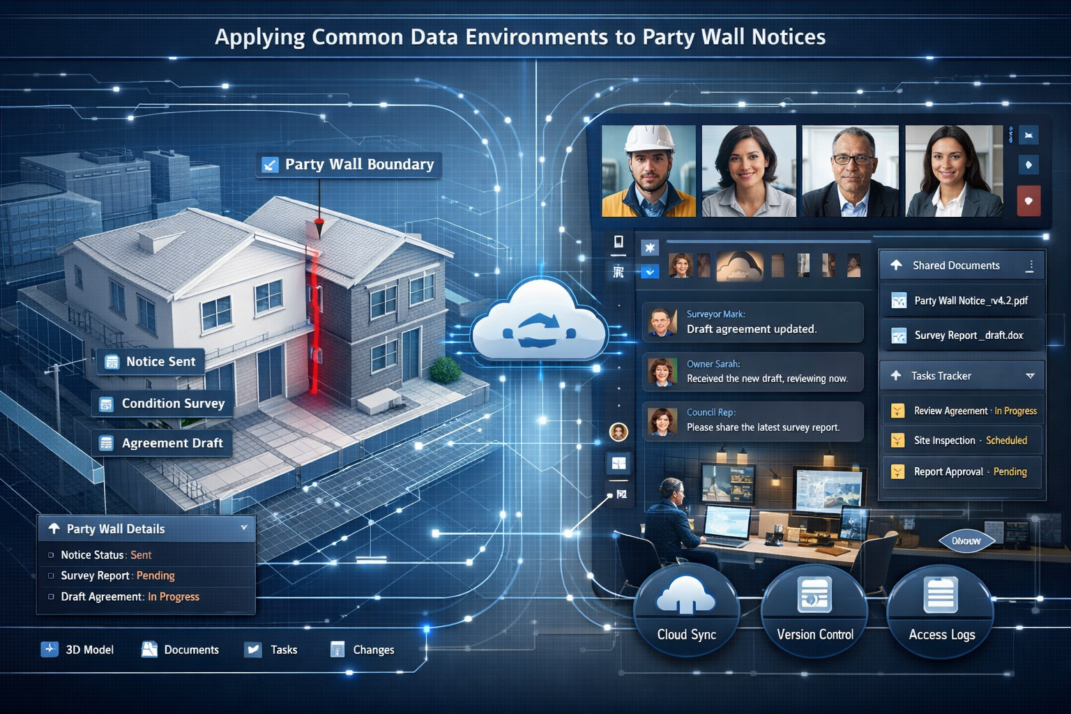 Detailed architectural visualization showing a split-screen digital workspace representing 'Applying Common Data