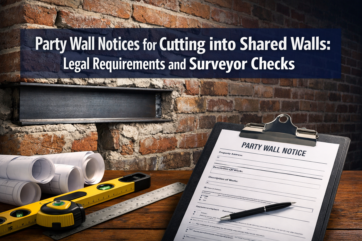 Professional () hero image featuring 'Party Wall Notices for Cutting into Shared Walls: Legal Requirements and Surveyor