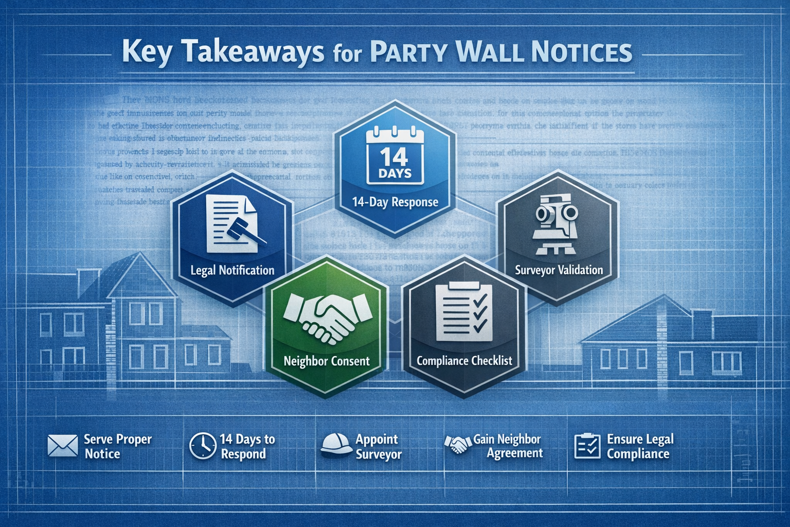 Infographic-style visual highlighting 'Key Takeaways' for Party Wall Notices, featuring architectural blueprint-inspired