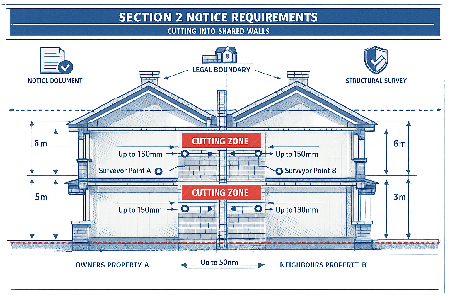 Technical sectional diagram illustrating Section 2 Notice Requirements for cutting into shared walls, showing cross-section