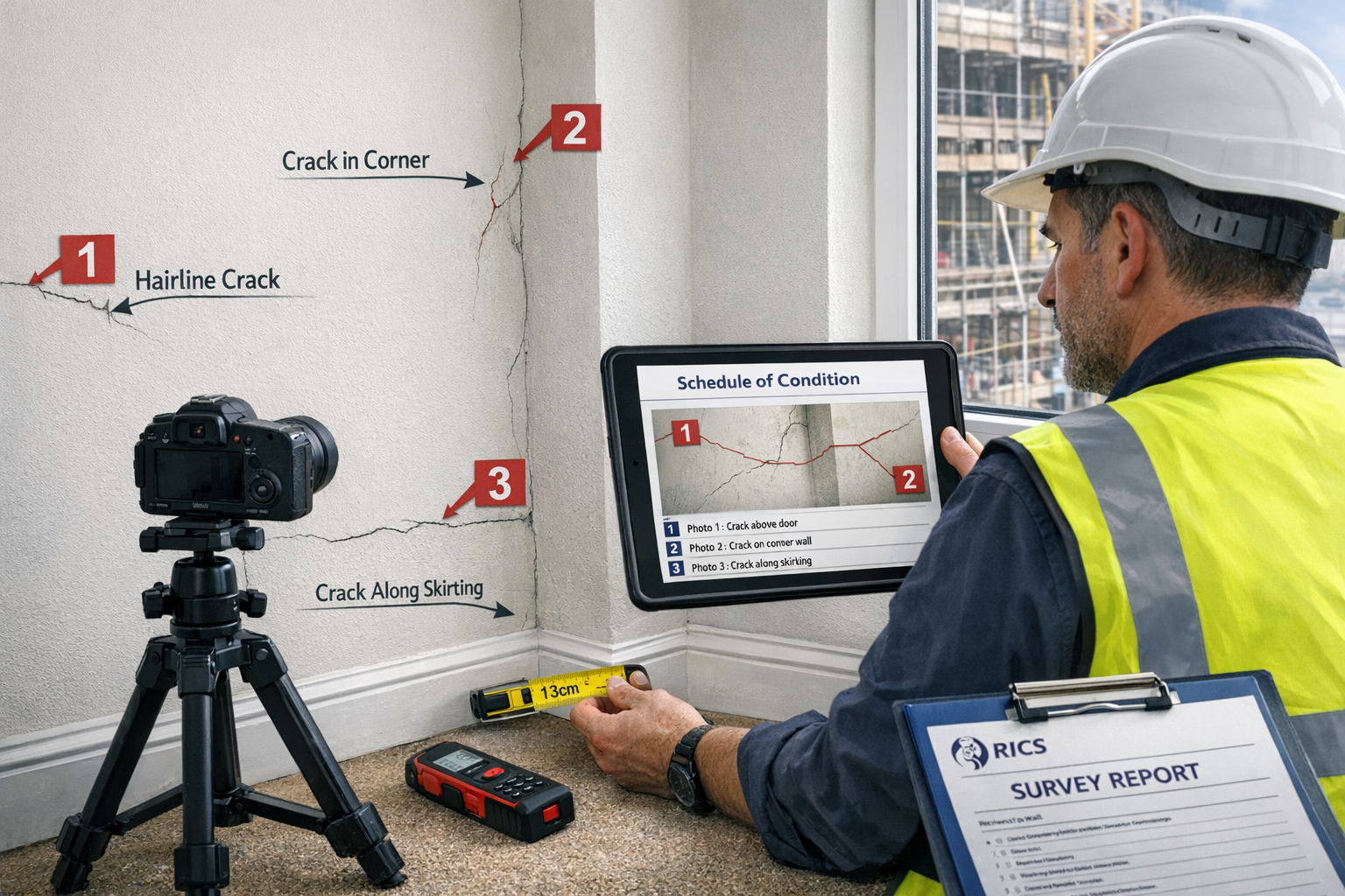 () detailed image showing professional surveyor in high-visibility vest conducting detailed photographic documentation