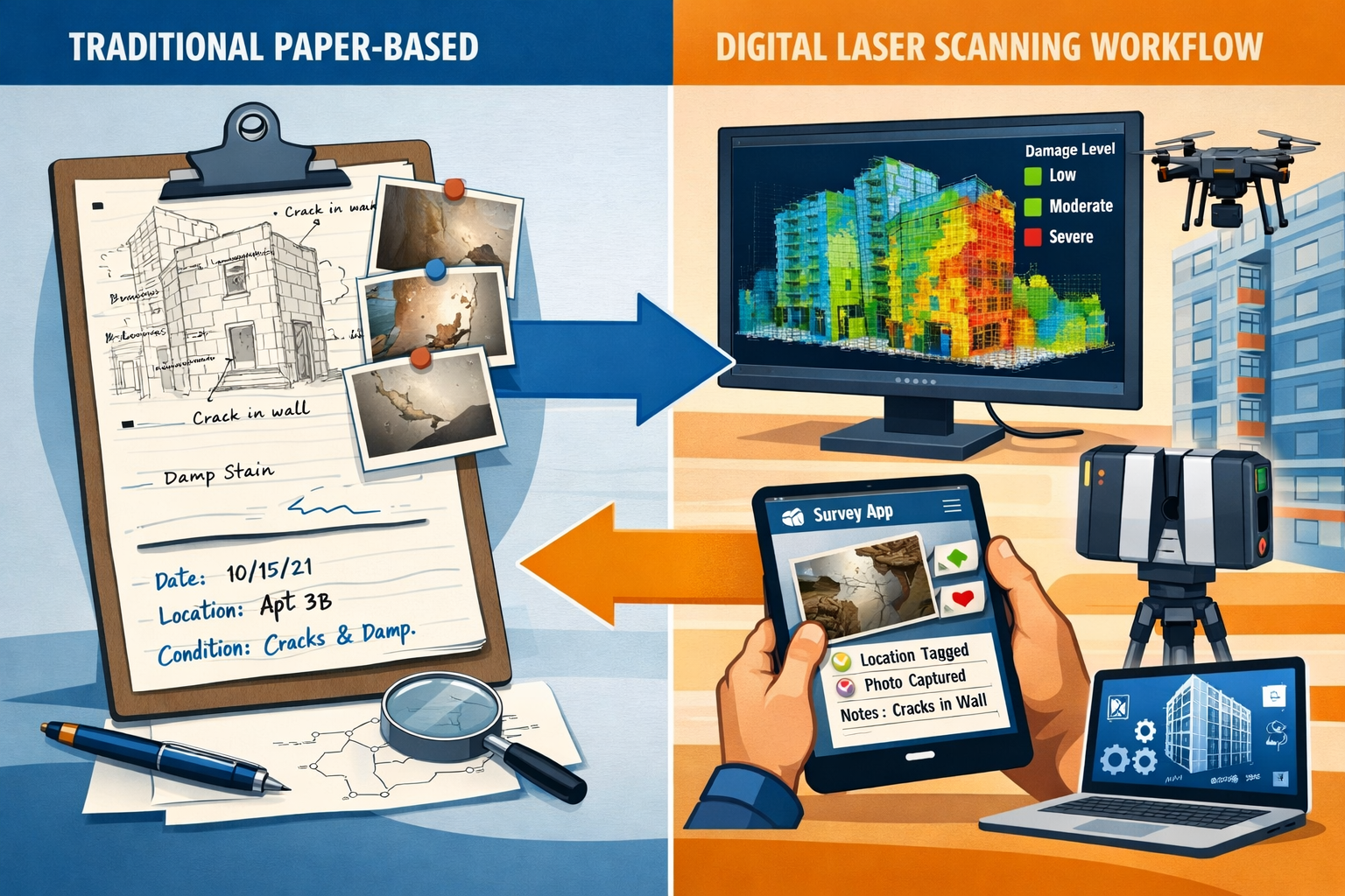() technical illustration showing split-screen comparison of traditional paper-based schedule of condition documentation