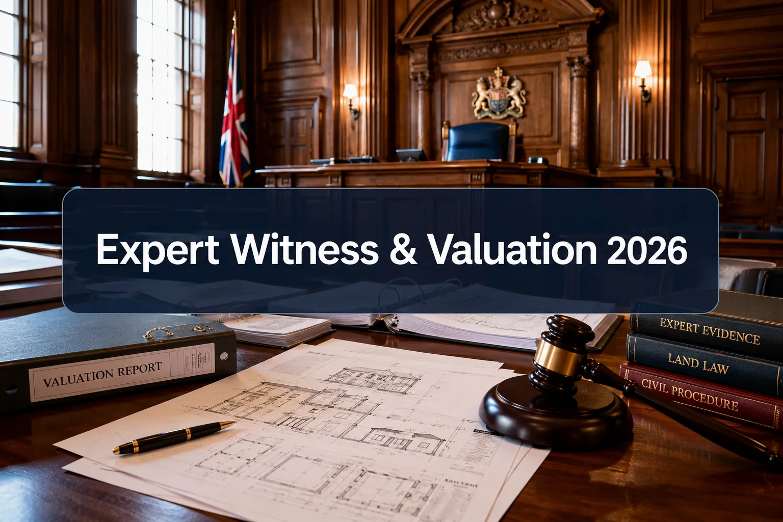 Professional () hero image with (≤42 chars): 'Expert Witness & Valuation 2026' in crisp white on a deep navy