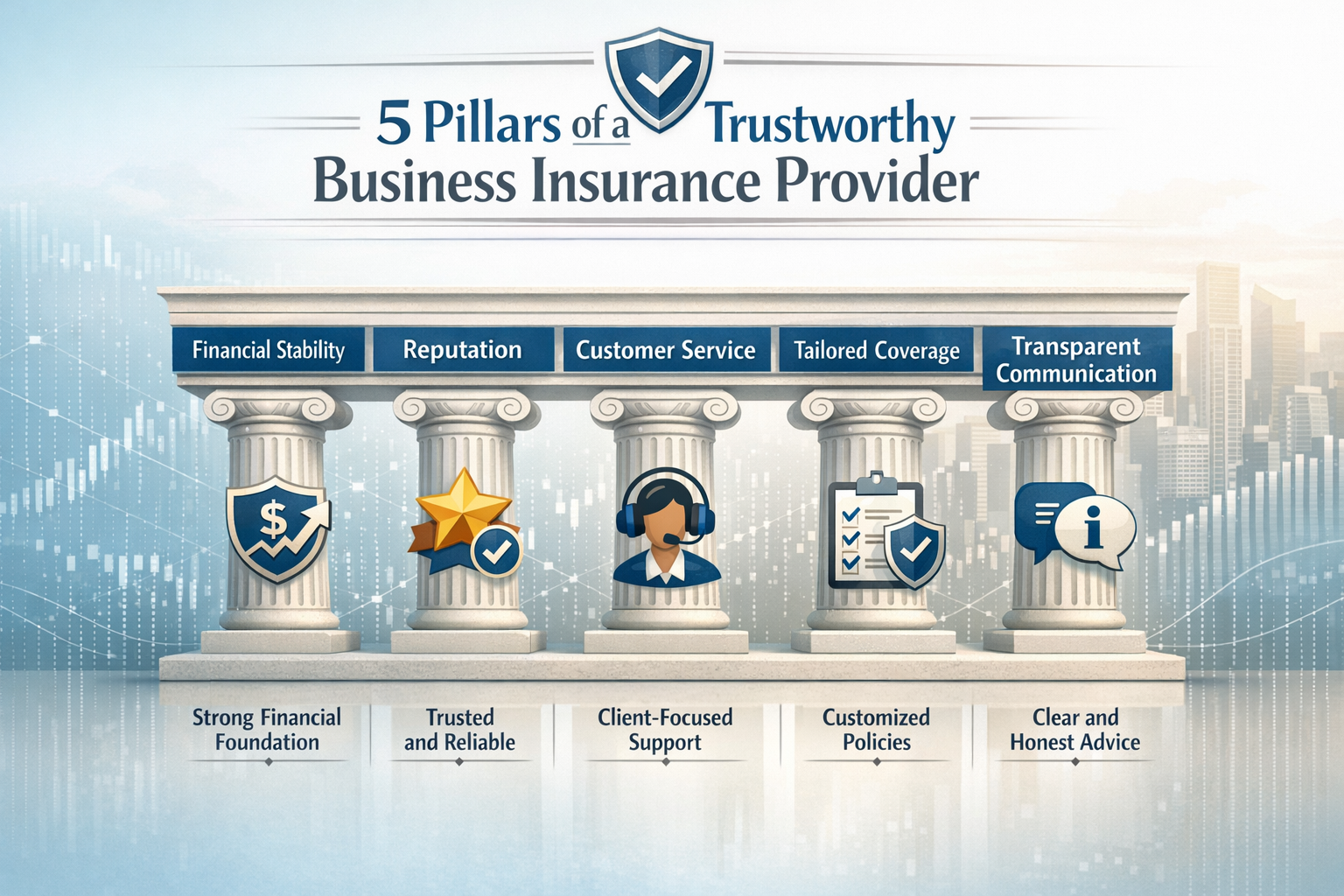How to Choose a Trustworthy Business Insurance Provider in 2026 2 A detailed infographic illustrating the '5 Pillars of a Trustworthy Business Insurance Provider' with icons representing Financial Stability