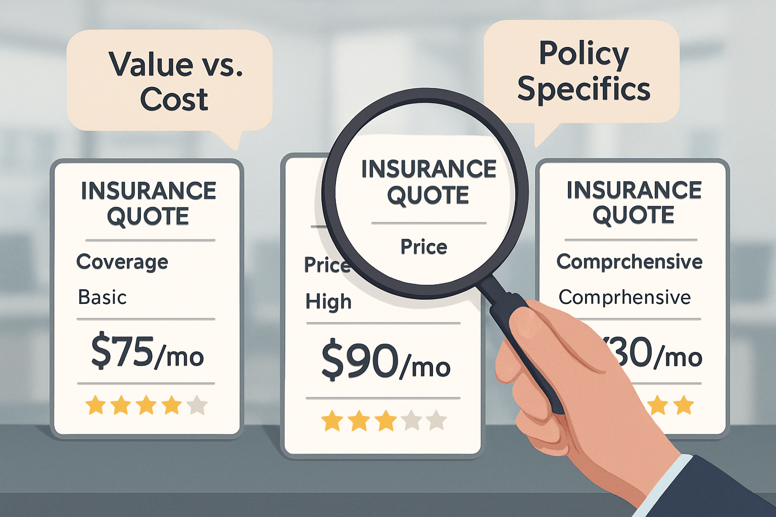How to Choose a Trustworthy Business Insurance Provider in 2026 3 A visual representation of comparing insurance quotes, showing three distinct quote cards with varying coverages, prices, and provider ratin