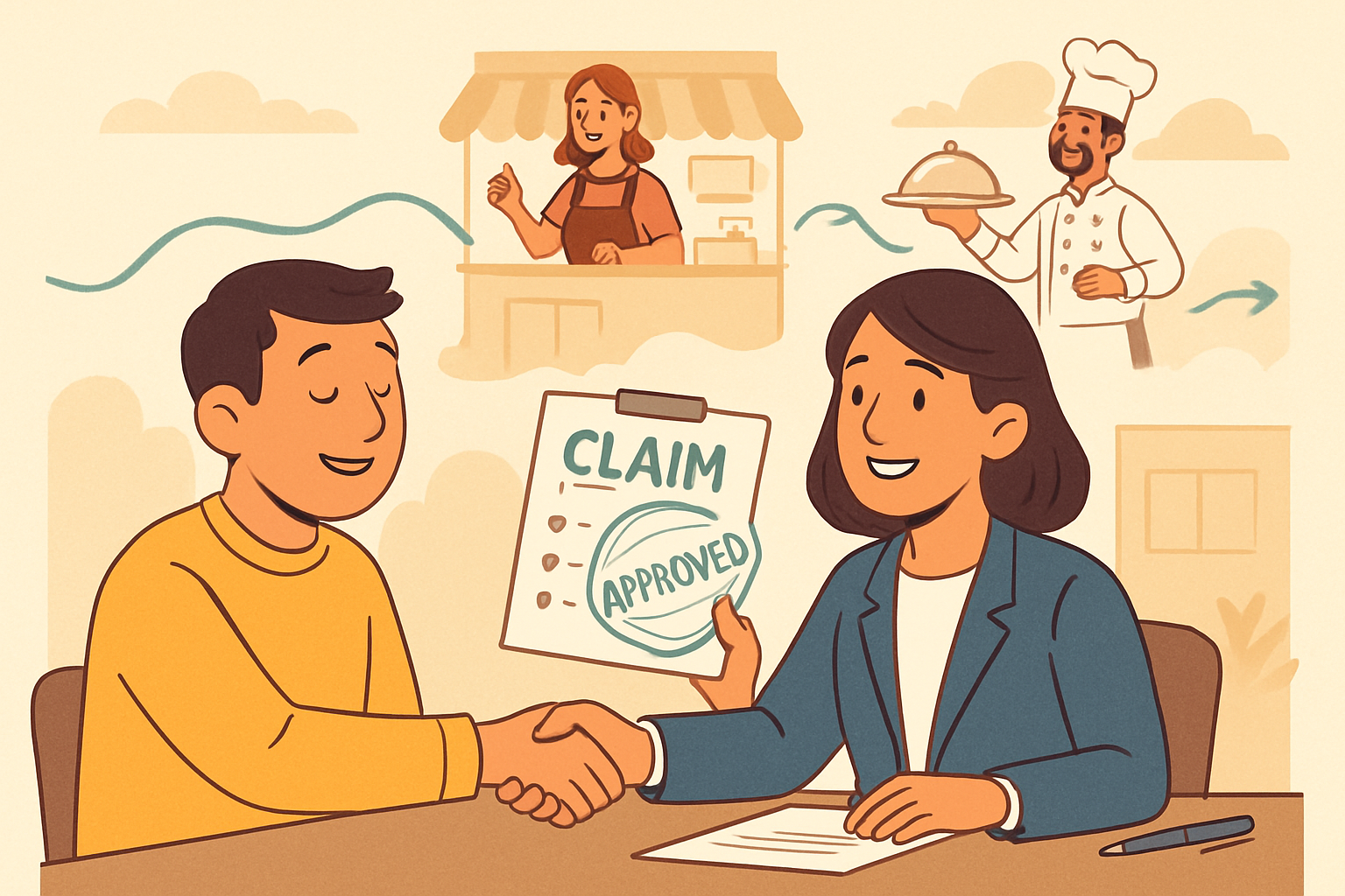 How to Choose a Trustworthy Business Insurance Provider in 2026 4 An illustration depicting a business owner engaged in a smooth, stress-free claims process, with a smiling insurance representative guiding