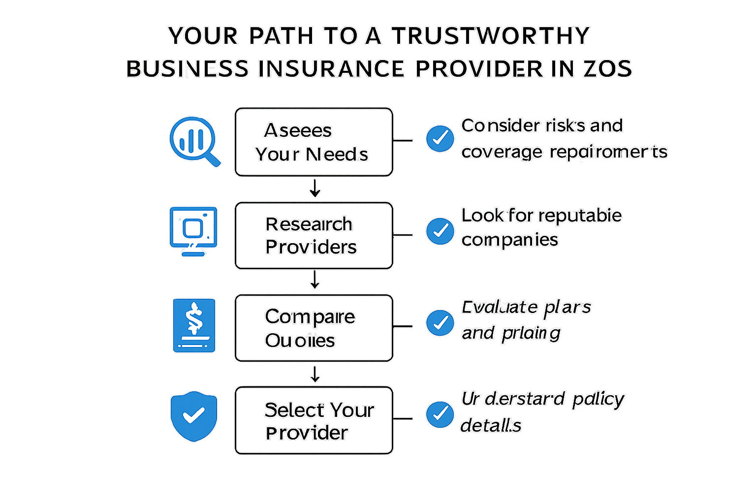 How to Choose a Trustworthy Business Insurance Provider in 2026 5 A professional flowchart or decision-tree graphic titled 'Your Path to a Trustworthy Business Insurance Provider in 2025.' It starts with 'A