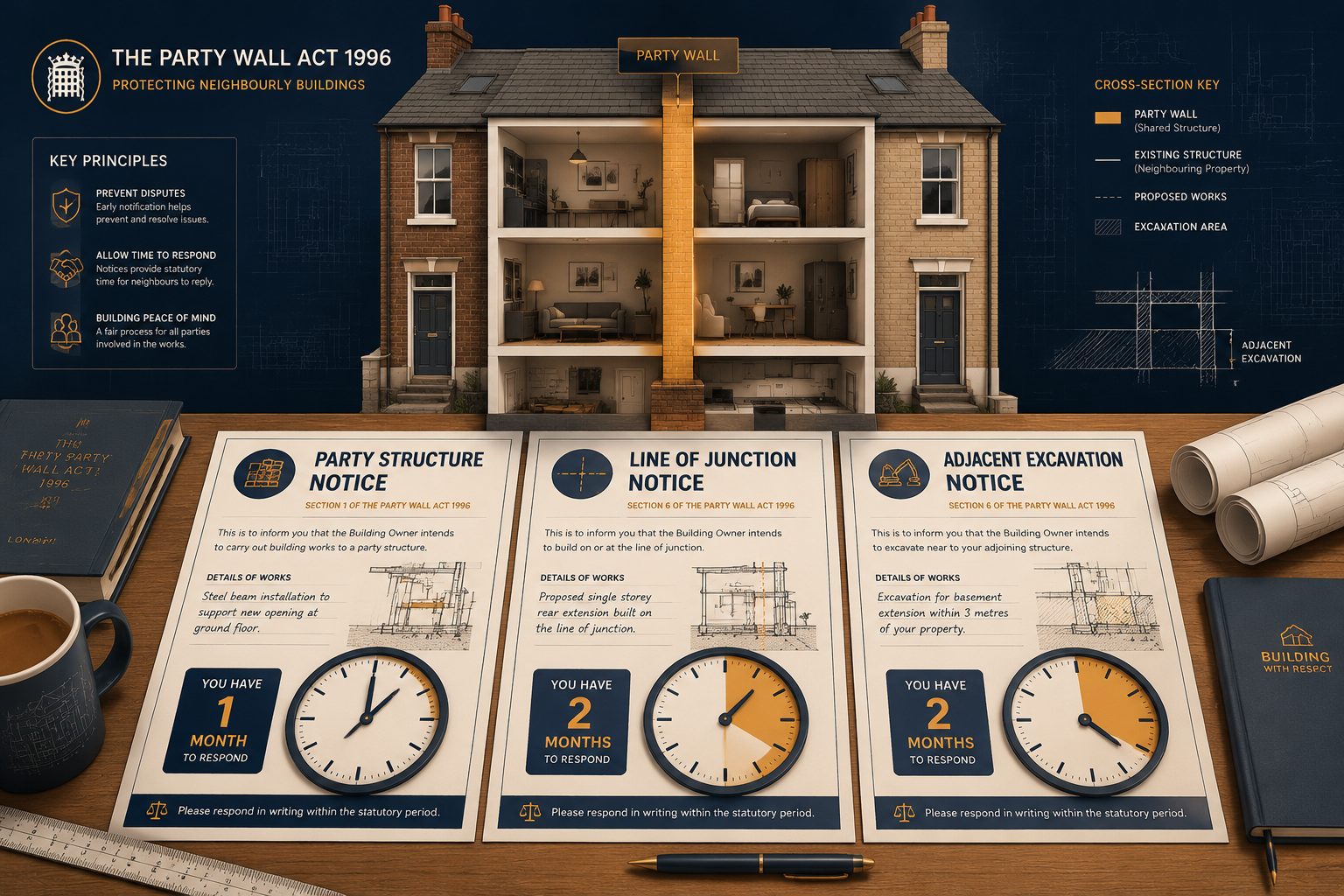 Detailed () infographic-style illustration showing three UK party wall notice types laid out as official documents on a