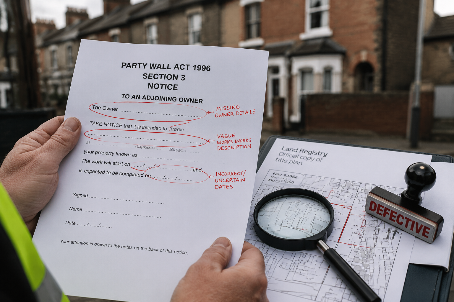 () close-up editorial photograph of a surveyor's hands holding a party wall notice document with red annotation marks