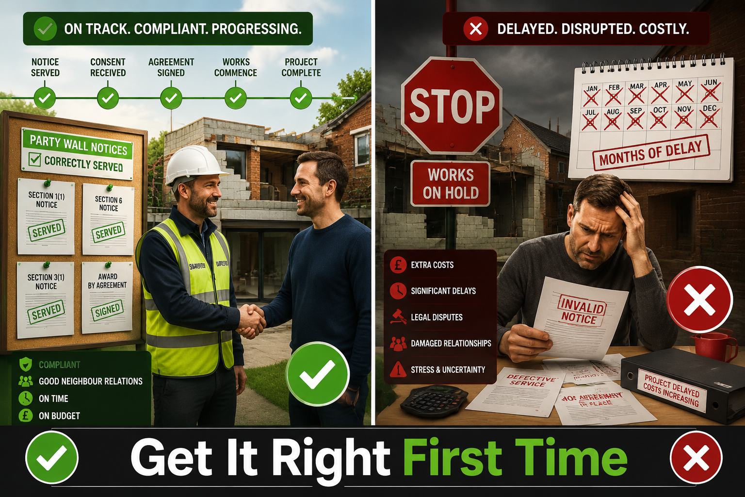 () split-panel concept illustration: left panel shows a construction project running smoothly on a timeline with green