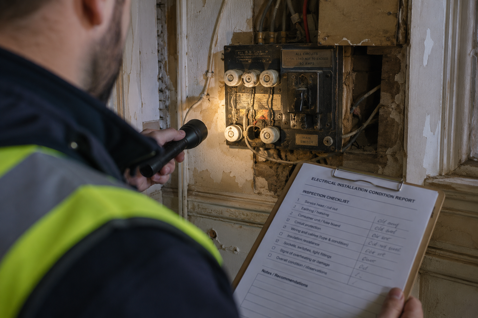 Wide-angle editorial photograph of a building surveyor examining an old fuse board and deteriorating wiring in a pre-1970s