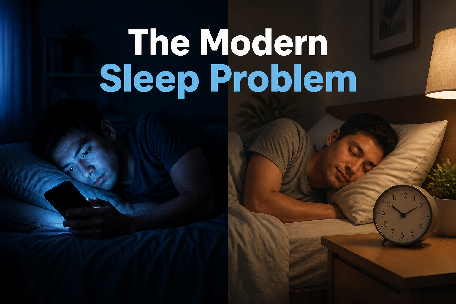 () editorial illustration showing a split-scene concept: left half depicts a person lying awake in blue-lit darkness staring