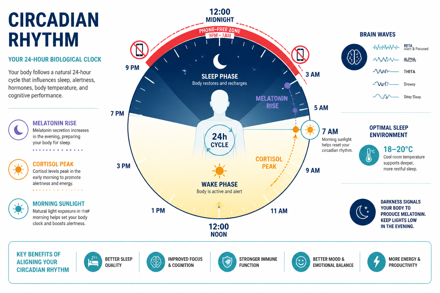 () infographic-style image showing a human circadian rhythm clock diagram as the centerpiece — a 24-hour circular timeline