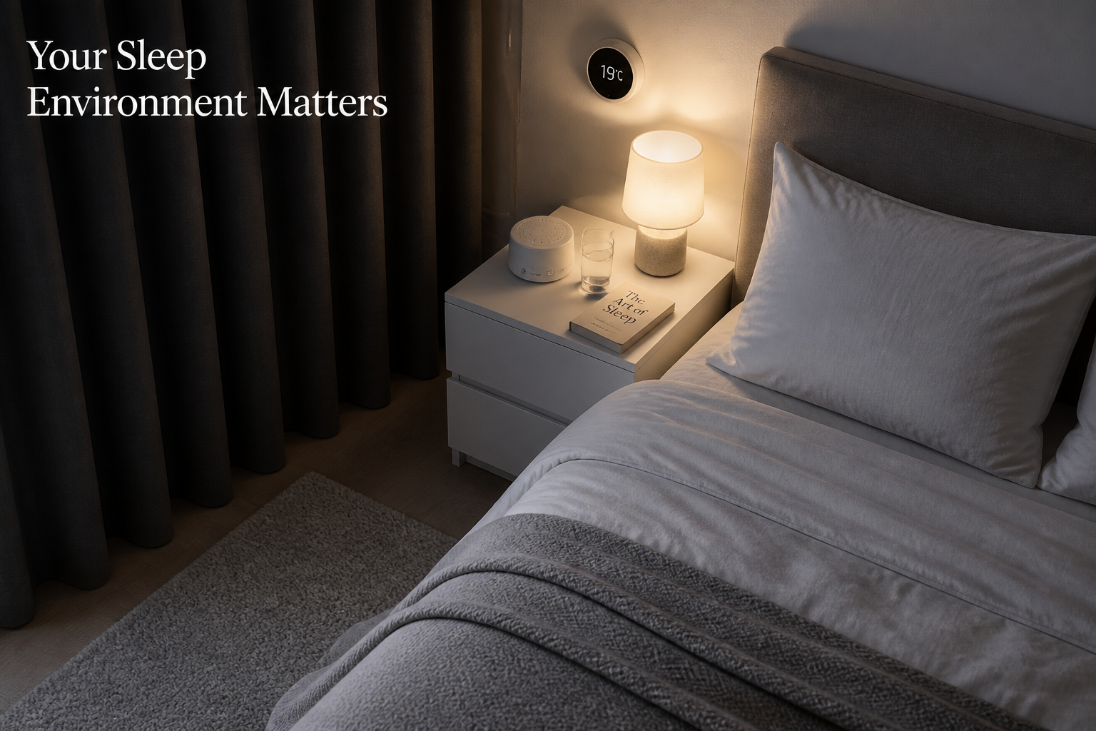 () showing a well-designed, clutter-free bedroom environment optimized for sleep: blackout curtains fully drawn, a white