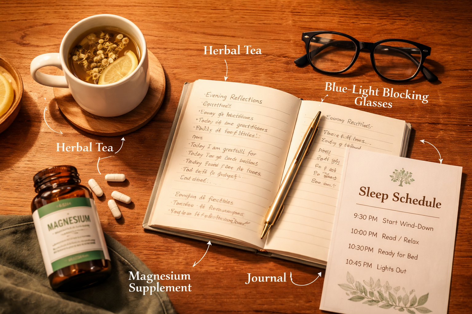 () showing a practical evening wind-down routine concept: a flat-lay composition on a wooden surface featuring a herbal tea