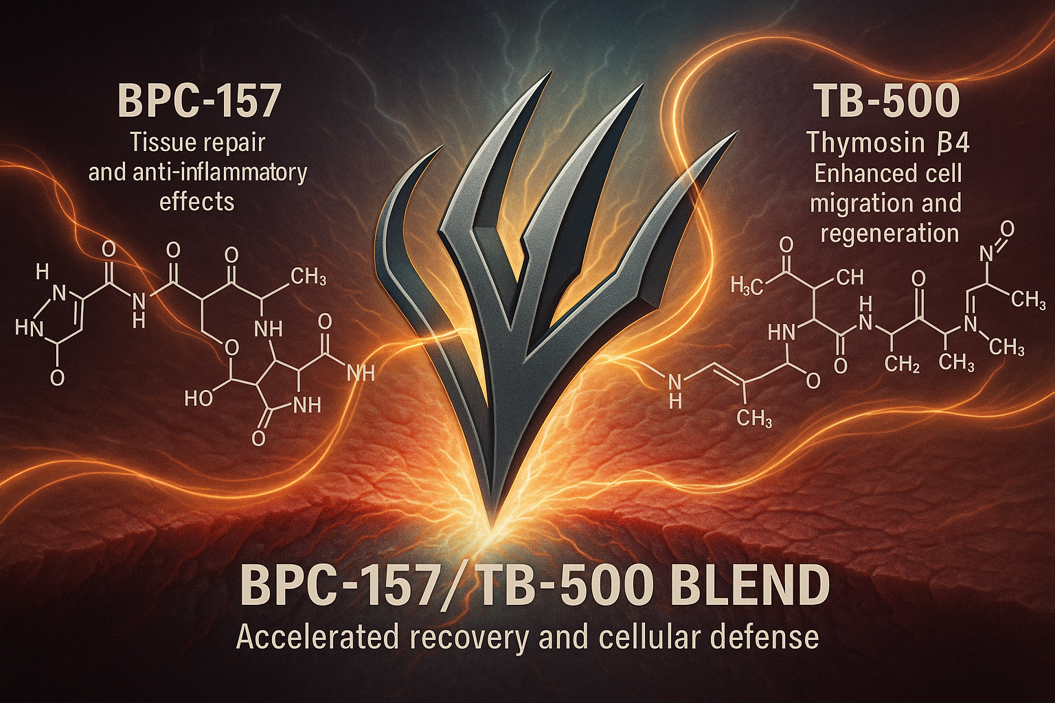 A highly detailed infographic showing the molecular structures of BPC-157 and TB-500 interlocking, with flowing energy lines illustrating th