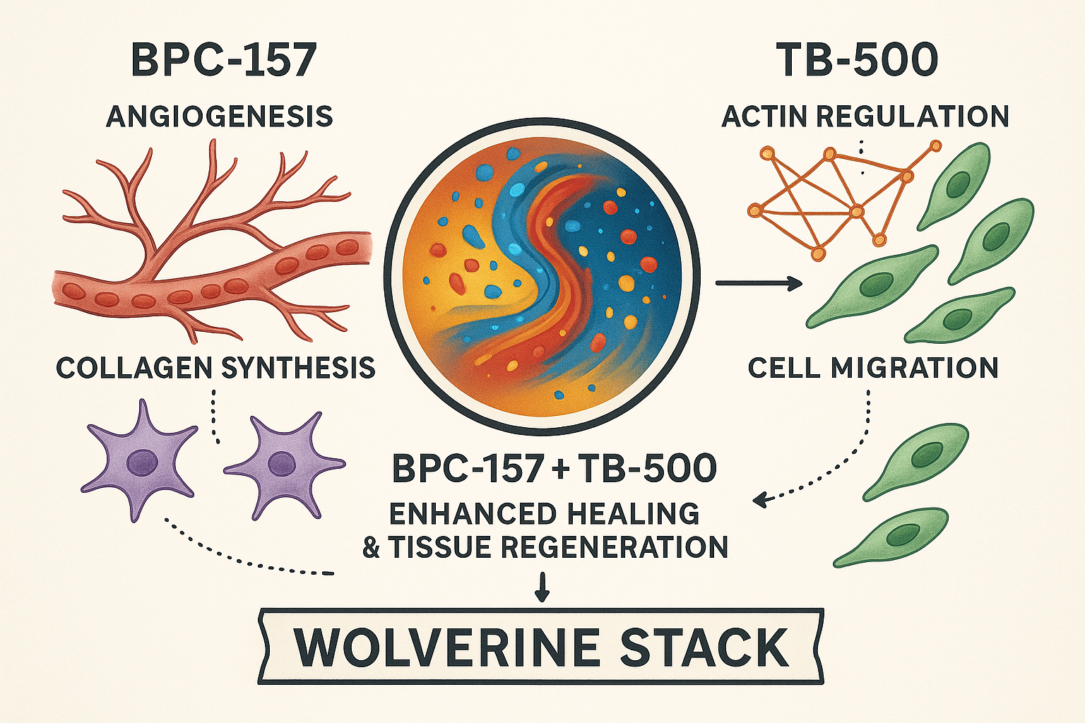 An illustrative diagram comparing the individual mechanisms of action for BPC-157 and TB-500, showing separate pathways converging into an e