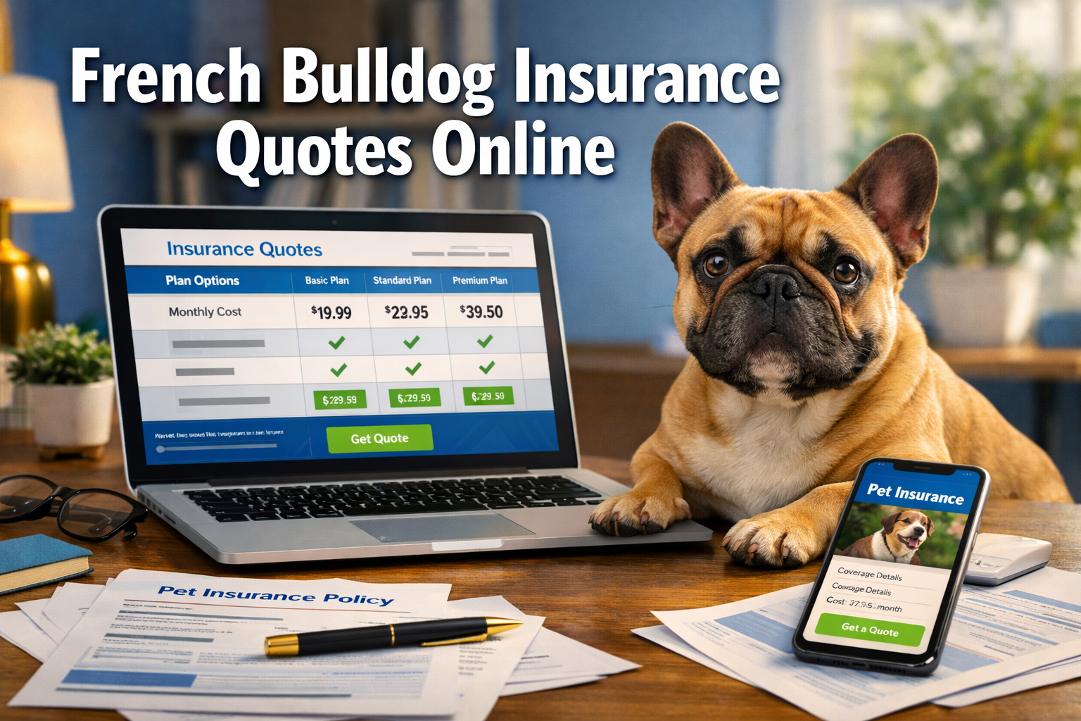 Professional landscape format (1536x1024) hero image featuring bold text overlay 'French Bulldog Insurance Quotes Online' in extra large 70p