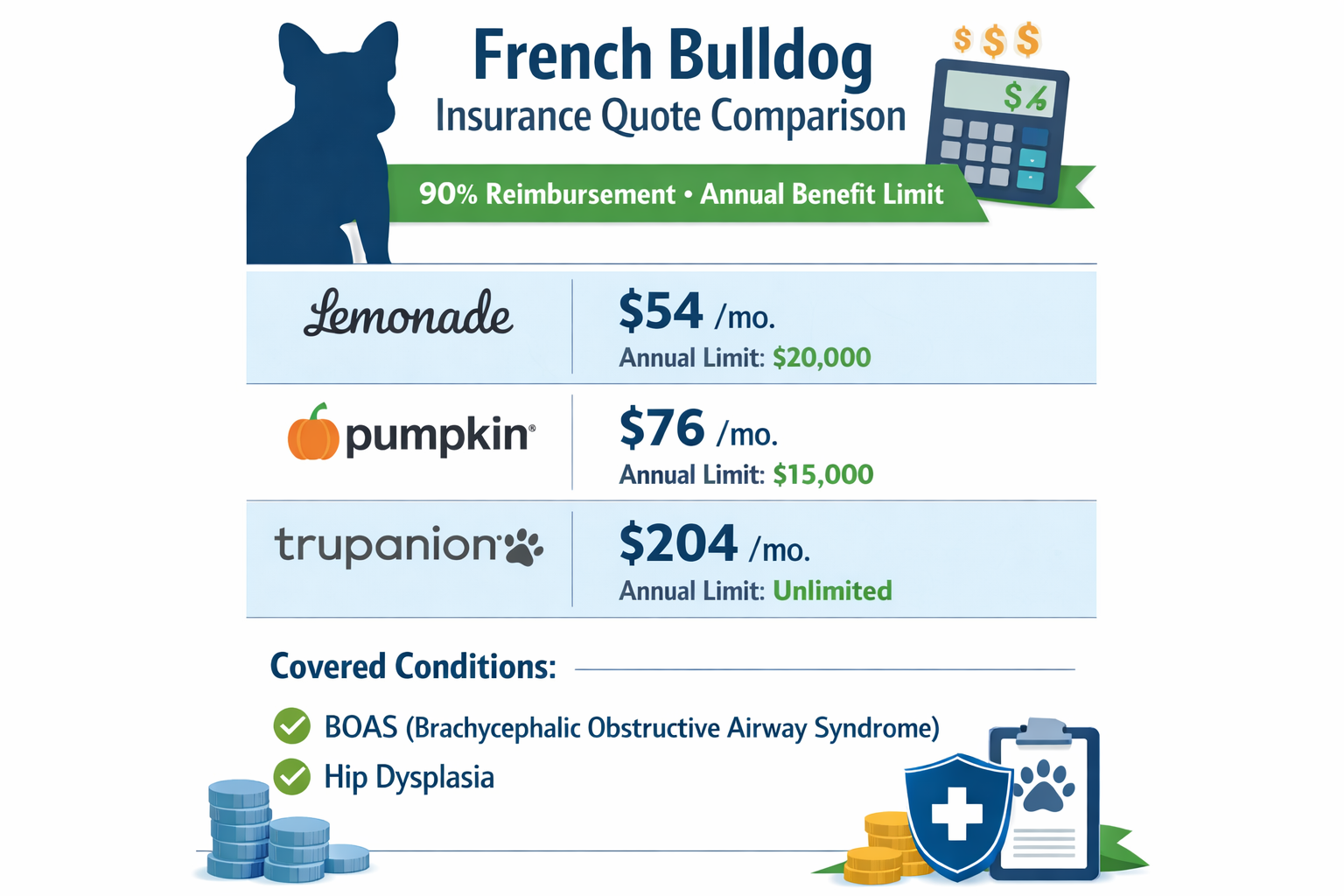 Portrait format (1024x1536) infographic showing French Bulldog insurance quote comparison chart with multiple provider logos (Lemonade, Pump
