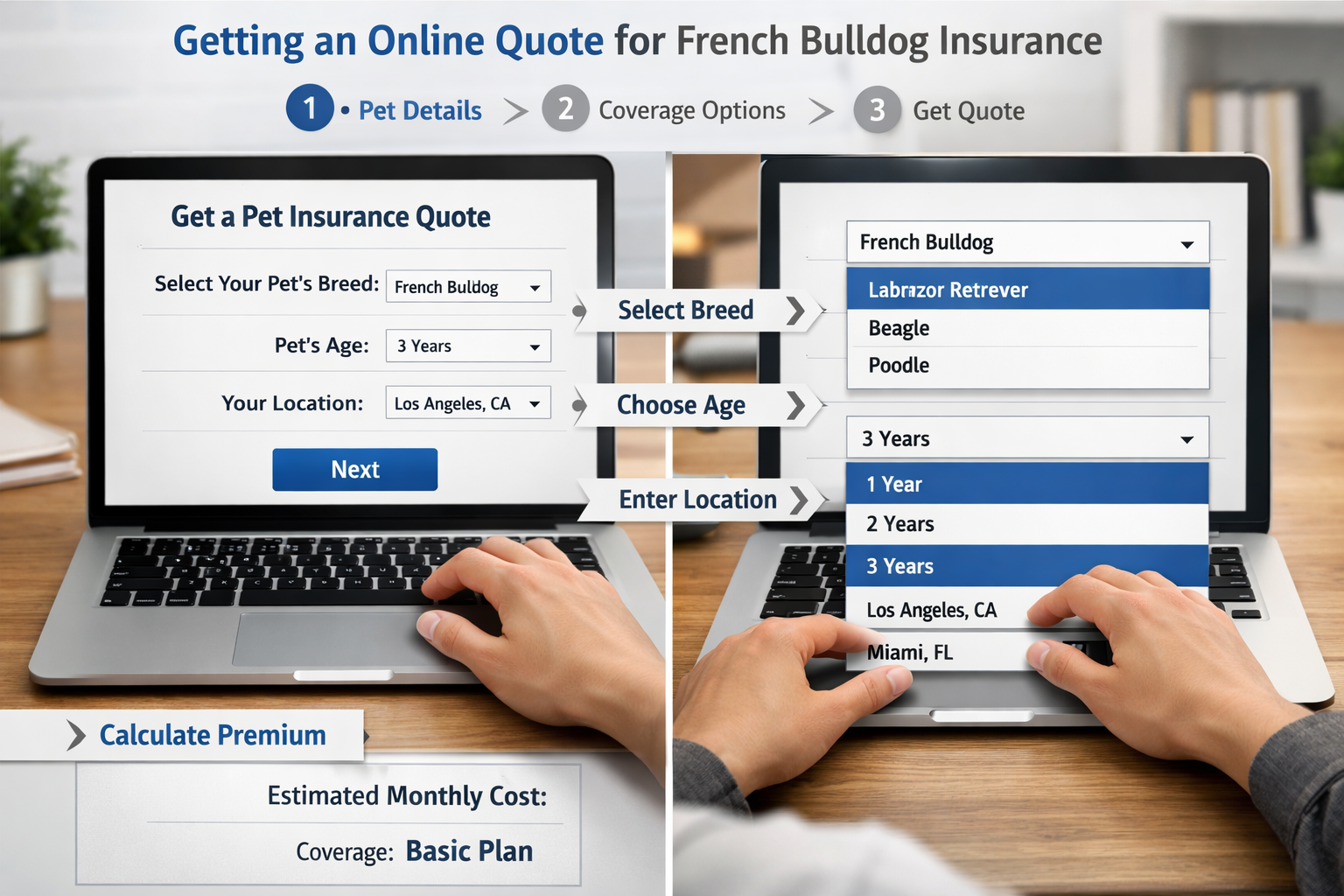 Portrait format (1024x1536) step-by-step visual guide showing online quote process for French Bulldog insurance. Split screen layout with la
