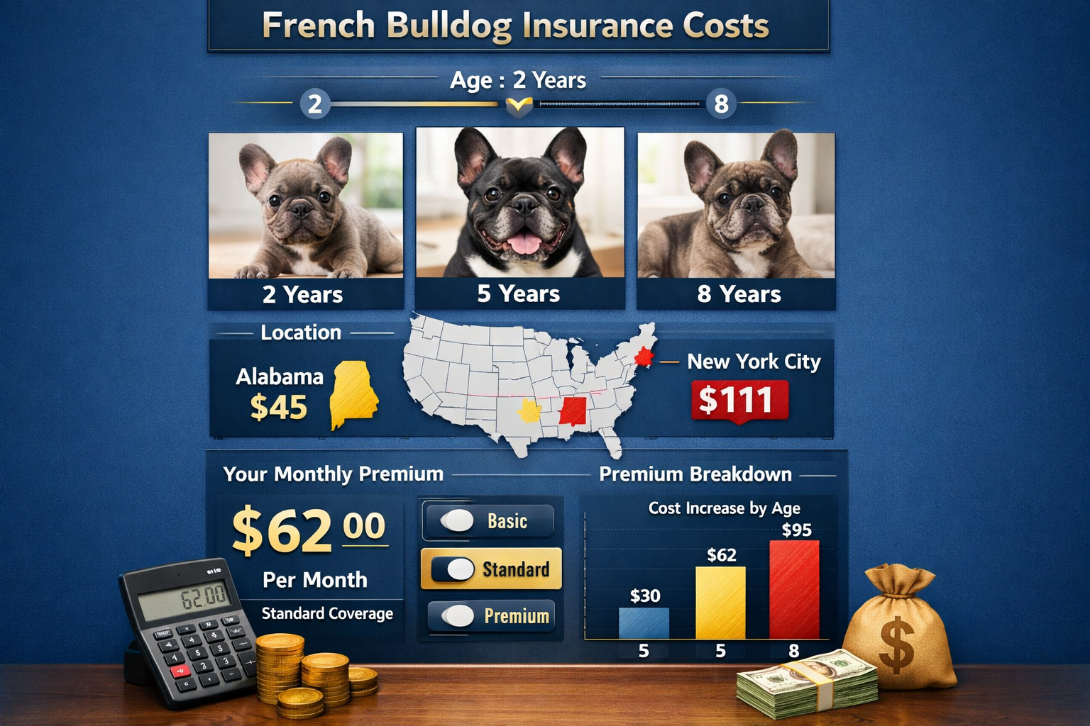 Portrait format (1024x1536) cost comparison visualization showing French Bulldog insurance pricing factors. Interactive dashboard-style layo