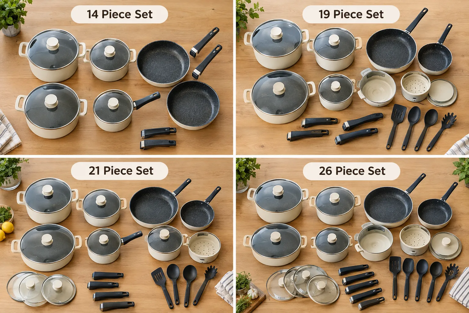 Overhead flat lay photograph divided into four labelled panels on a light wood kitchen counter, each panel showing a different Carote cookware set grouping with short labels above each: '14 Piece Set', '19 Piece Set', '21 Piece Set', '26 Piece Set', pots and pans with detachable handles and glass lids arranged neatly, bright natural daylight, consistent cream and black granite finish, editorial product photography, no dollar amounts or price stickers visible. How Many Pieces Come in a Carote Cookware Set? Current Amazon Carote Cookware Deal Prices
