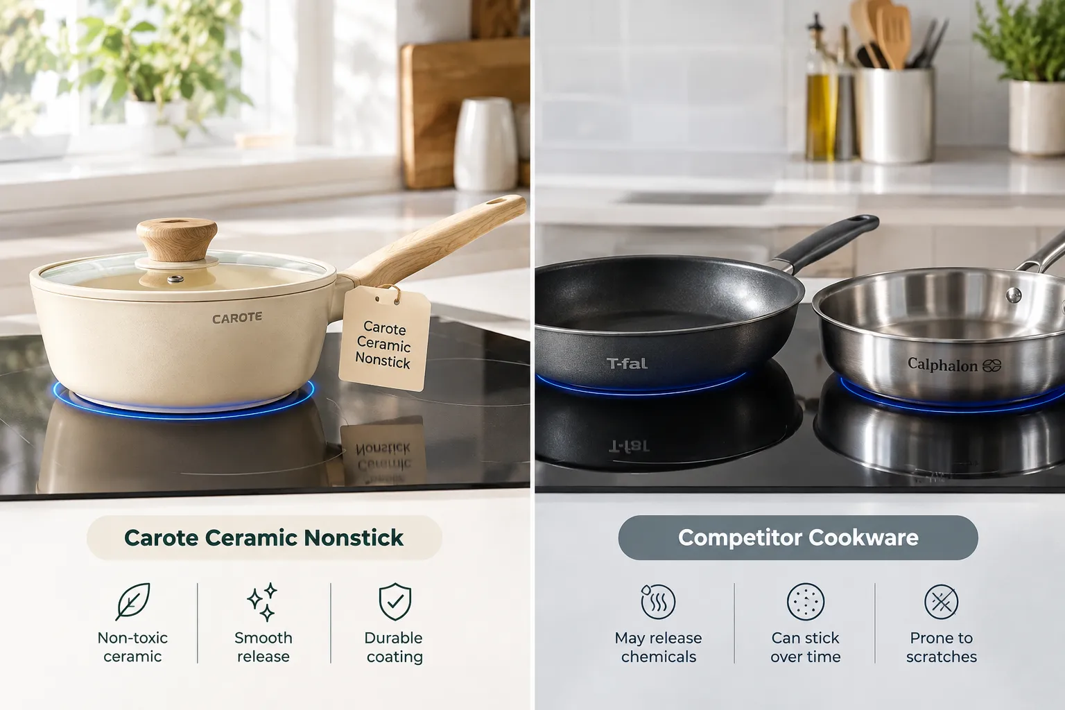 Split screen editorial photograph on an induction cooktop, left side shows a cream colored Carote ceramic saucepan with a small labelled tag reading 'Carote Ceramic Nonstick', right side shows a dark gray T-fal pan and a stainless Calphalon pan side by side with a labelled tag reading 'Competitor Cookware', both sides lit with matching bright kitchen lighting, blue induction ring glowing faintly beneath each pan, high contrast magazine composition, no pricing or star ratings shown. Carote vs T-fal vs Calphalon: Which Cookware Set Wins on Amazon?