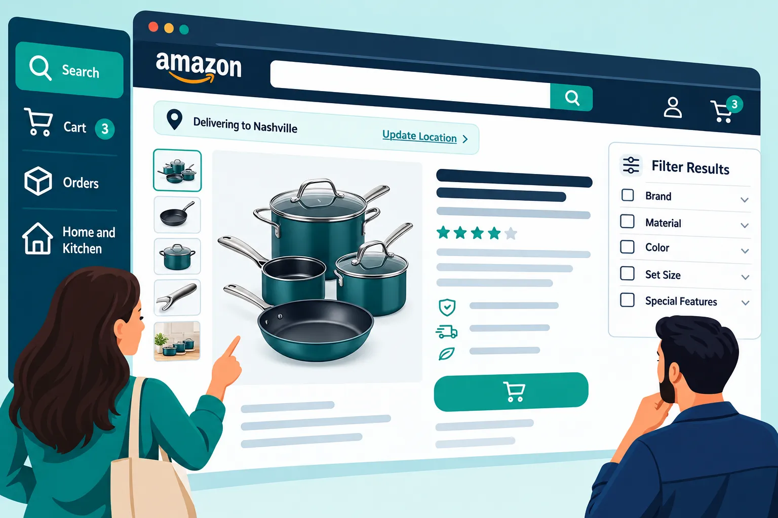 Flat vector isometric illustration of an Amazon shopping website layout, showing a labelled sidebar with category icons for 'Search', 'Cart', 'Orders', and 'Home and Kitchen', a central browser window highlighting a cookware set listing, small labelled callouts reading 'Delivering to Nashville', 'Update Location', and 'Filter Results', clean teal, navy and white color palette, modern infographic style, no readable prices or dollar figures anywhere in the image. How Long Does the Carote Cookware Warranty Last?