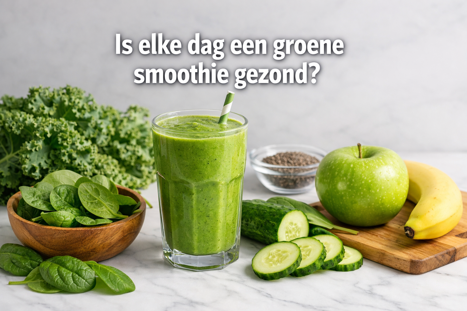Professional landscape hero image (1536x1024) featuring bold text overlay 'Is elke dag een groene smoothie gezond?' in extra large 72pt whit