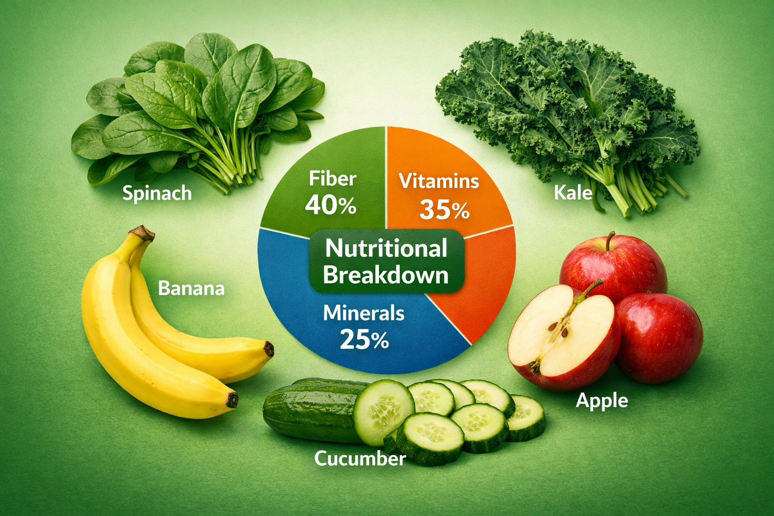 Editorial landscape image (1536x1024) showing nutritional breakdown infographic of green smoothie ingredients with visual elements: fresh sp