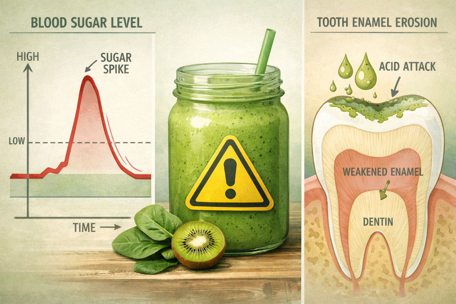 Lifestyle landscape image (1536x1024) depicting potential downsides of daily green smoothies: split-screen composition showing blood sugar g