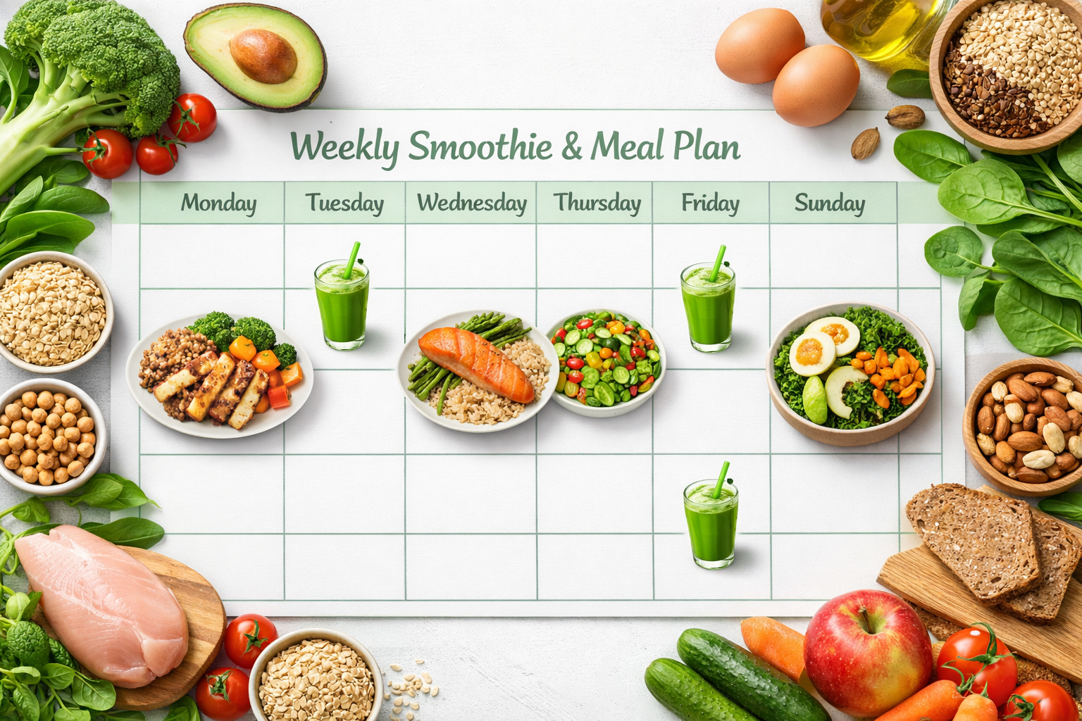 Practical landscape image (1536x1024) showing balanced weekly smoothie schedule: calendar grid layout with 3-4 days marked with green smooth
