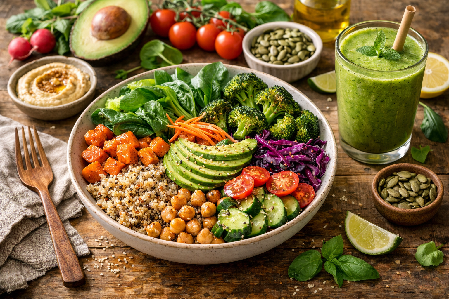 Inspiring landscape image (1536x1024) featuring diverse healthy eating alternatives: colorful Buddha bowl with leafy greens, roasted vegetab